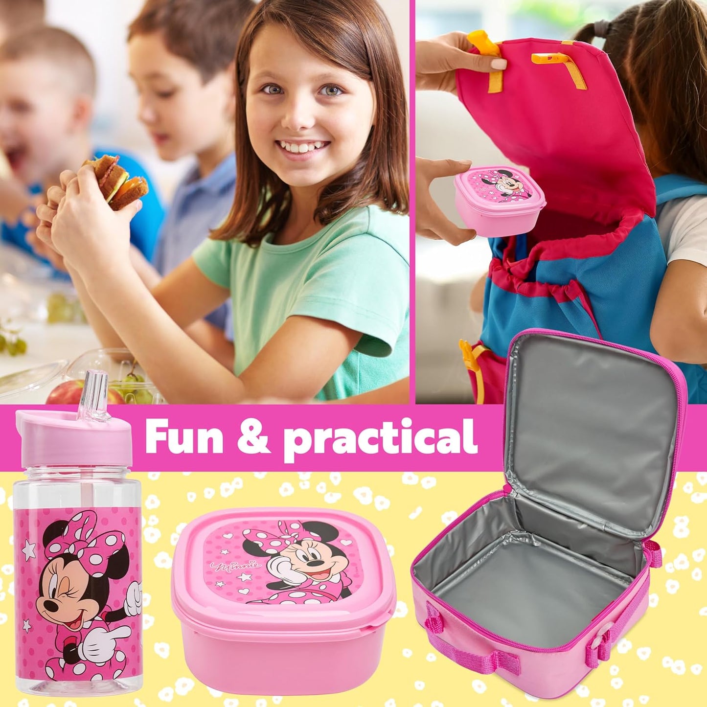 Get Trend Disney Minnie Mouse Kids Lunch Bag Set 3 Pc with Leak Proof Water Bottle and Small Lunch Box Insulated for School Daycare Travel (Minnie Mouse)