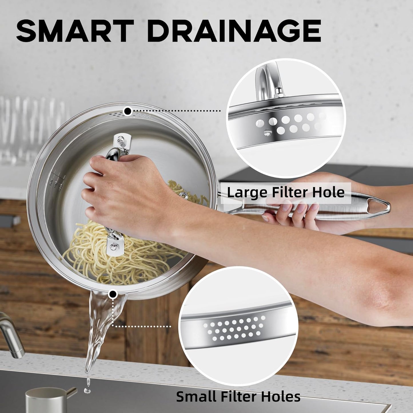 Leetaltree 2.5 Quart Stainless Steel Saucepan with Glass Strainer Lid, Thicken Tri-ply Ful Body, Multipurpose Sauce Pot with Two-Size Drainage Holes Lid, Perfect For Boiling Gravies, Pasta, Noodles