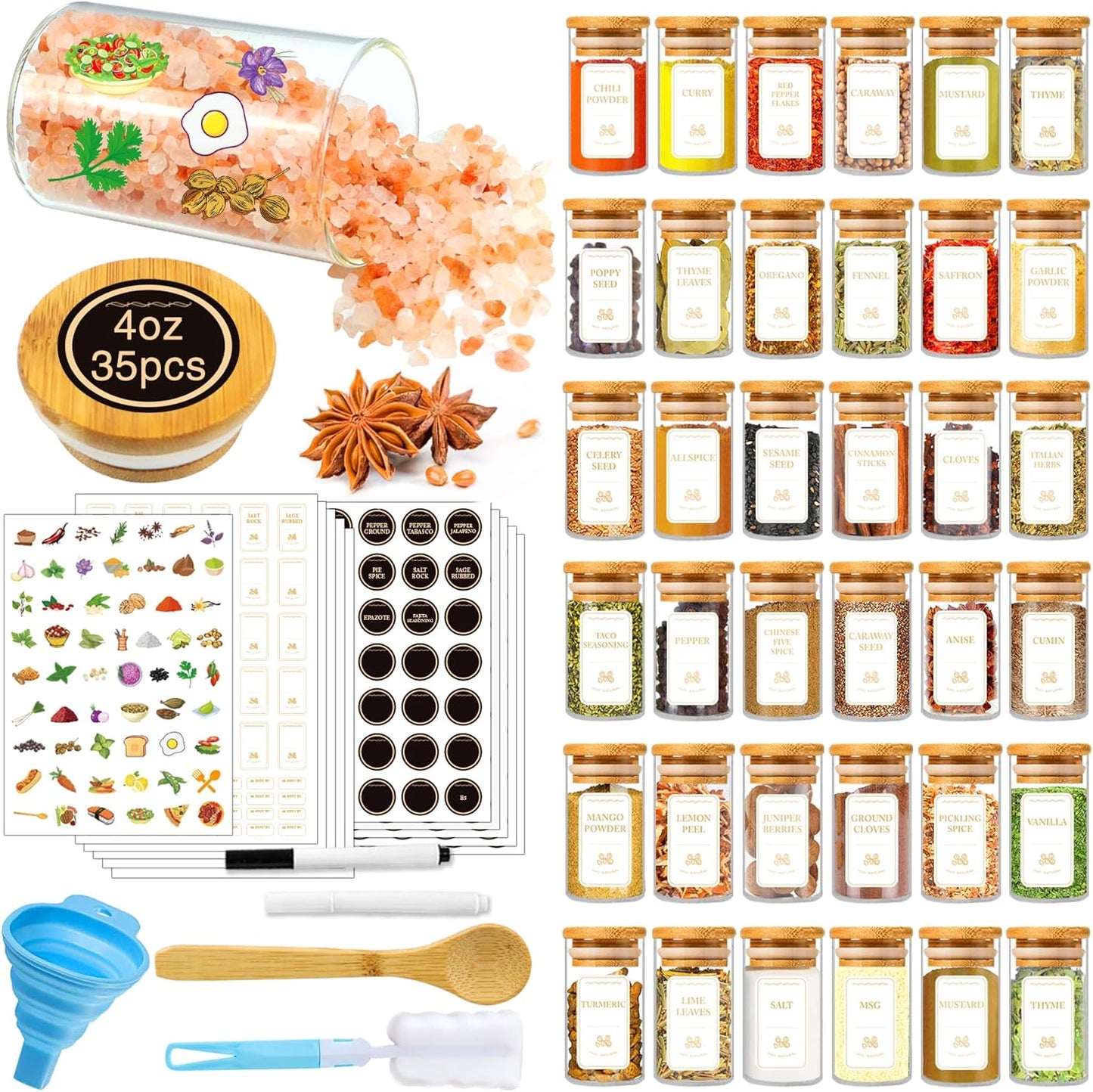 Spice Jars with Labels, 35 Pcs 4 oz Glass Spice Jars with Bamboo Lids, Minimalist Stackable Airtight Spice Containers with 426 labels for Home Kitchen, Pantry, Spice Cabinet, Drawer, Rack