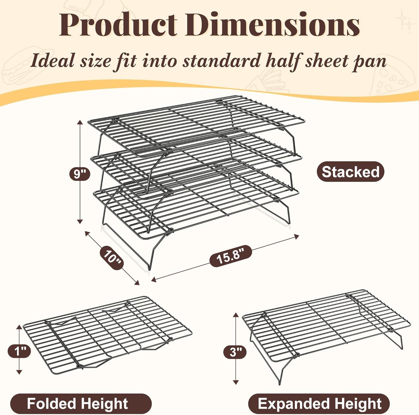 Cooling Racks for Cooking and Baking - 3 Tier Stackable Grid Wire Baking Rack for Oven Cooking, Baking, Grilling, Roasting -Dishwasher Safe Bacon Rack