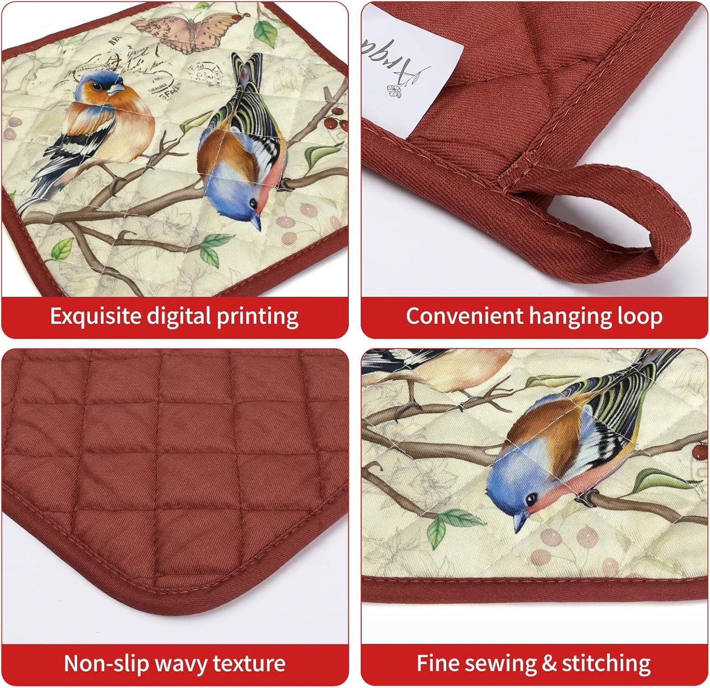 Vintage Bird Oven Mitts and Pot Holders Sets 4Pcs, 100% Cotton Heat Resistant, Extra Long Oven Gloves Potholder for Kitchen Cooking Baking Decoration