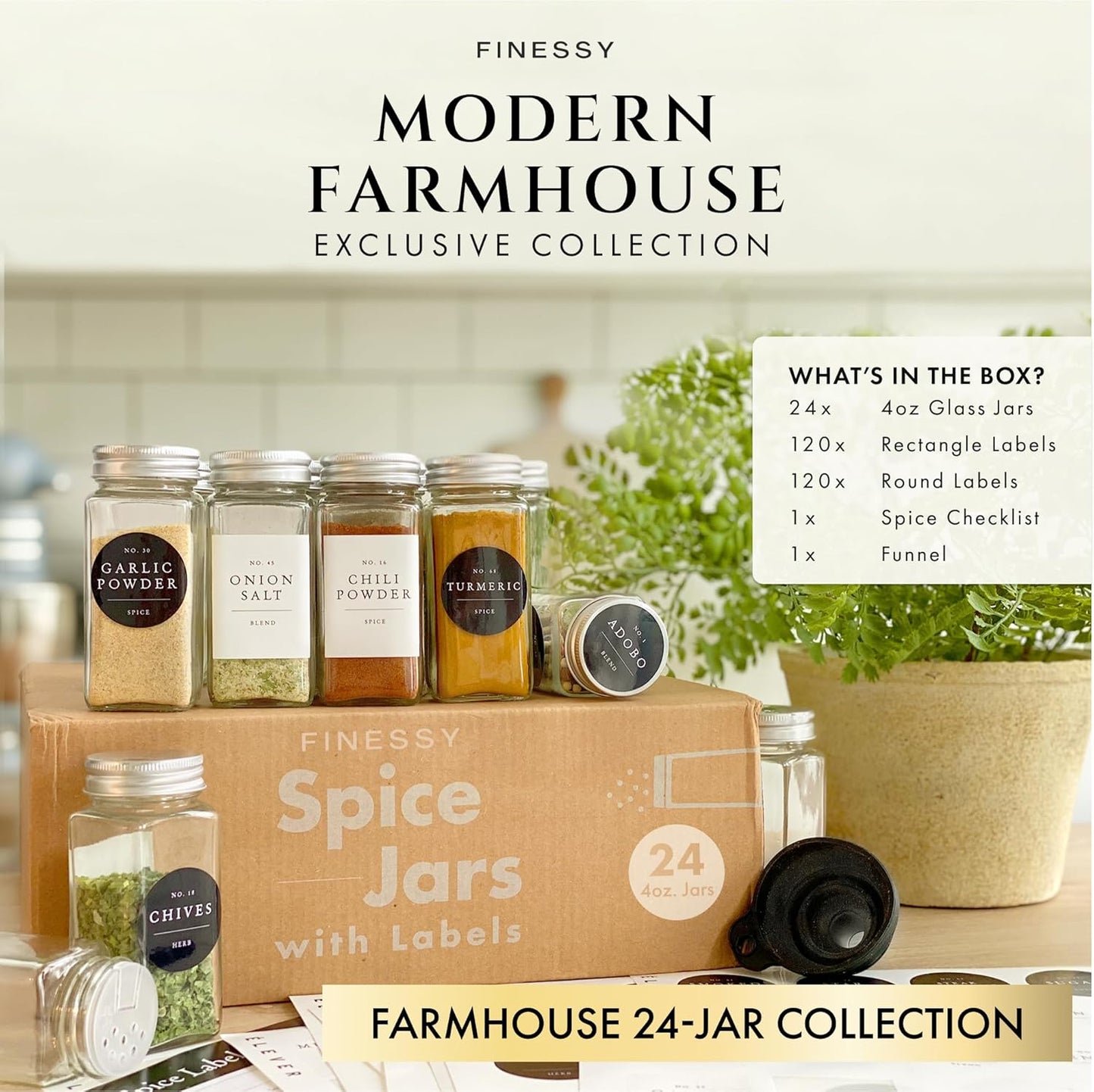 FINESSY Glass Spice Jars with Labels with Metal Lids and Shakers 24 Pack Set, 4oz Small Empty Air Tight Spice Containers with Labels, Clear Seasoning Containers Herb Bottles Kitchen Storage Organizer