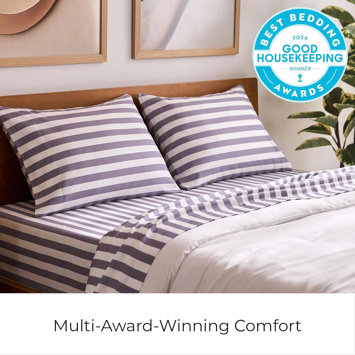 Mellanni Split King Sheets Set - 5 PC Iconic Collection Bedding - Hotel Luxury, Soft, Cooling Bed Sheets - Wrinkle, Fade, Stain Resistant (Split King, Oxford Stripe Hazy Lilac)