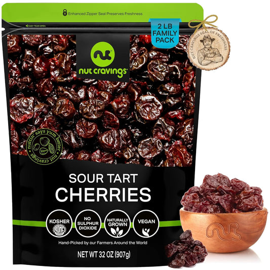 NUT CRAVINGS - Sun Dried Sour Tart Cherries, Lightly Sweetened (32oz, 2 LB) Bulk Dry Fruits Packed Fresh in Resealable Bag - Sweet Healthy Snack, Naturally Grown, Vegan, Kosher