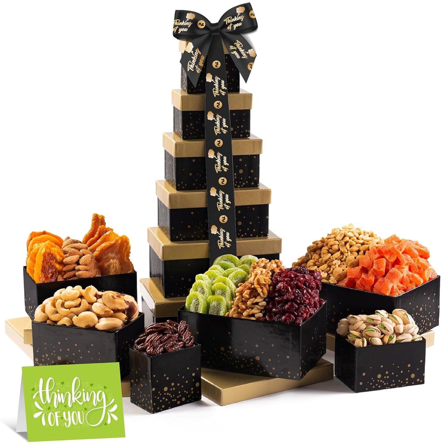 NUT CRAVINGS Gourmet Collection - Thinking of You, Nuts & Dried Fruits Tower Gift Basket, with TY Ribbon + Greeting Card (12 Assortments) Food Arrangement, Healthy Snack Care Package, Food Assortments