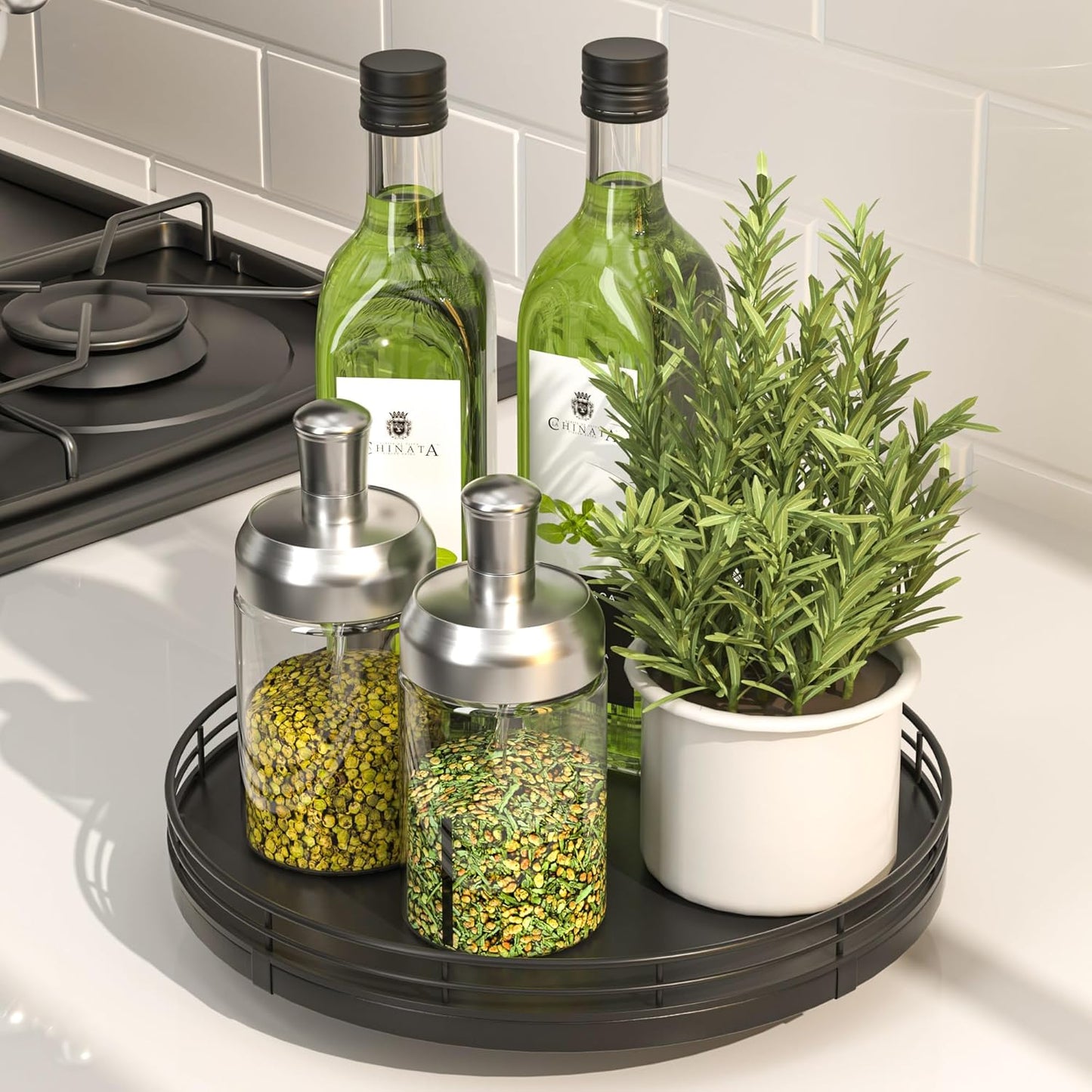 9" Oak Wood Lazy Susan Turntable Organizer, Lazy Susan for Cabinet Dining Table Pantry Wood Rotating Tray for Kitchen Countertop Coffee Table Decor Spinning Spice Can Organization and Storage Black