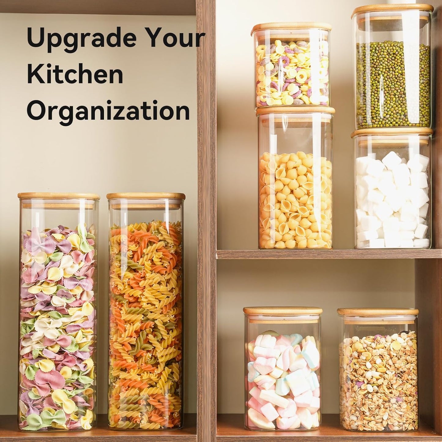 82 Oz Glass Storage Containers with Bamboo Lids, Square Glass Canister Sets Clear Glass Pantry Storage Containers with Lids for Cookie Flour Oat Pasta Tea Coffee Bean, Set of 3