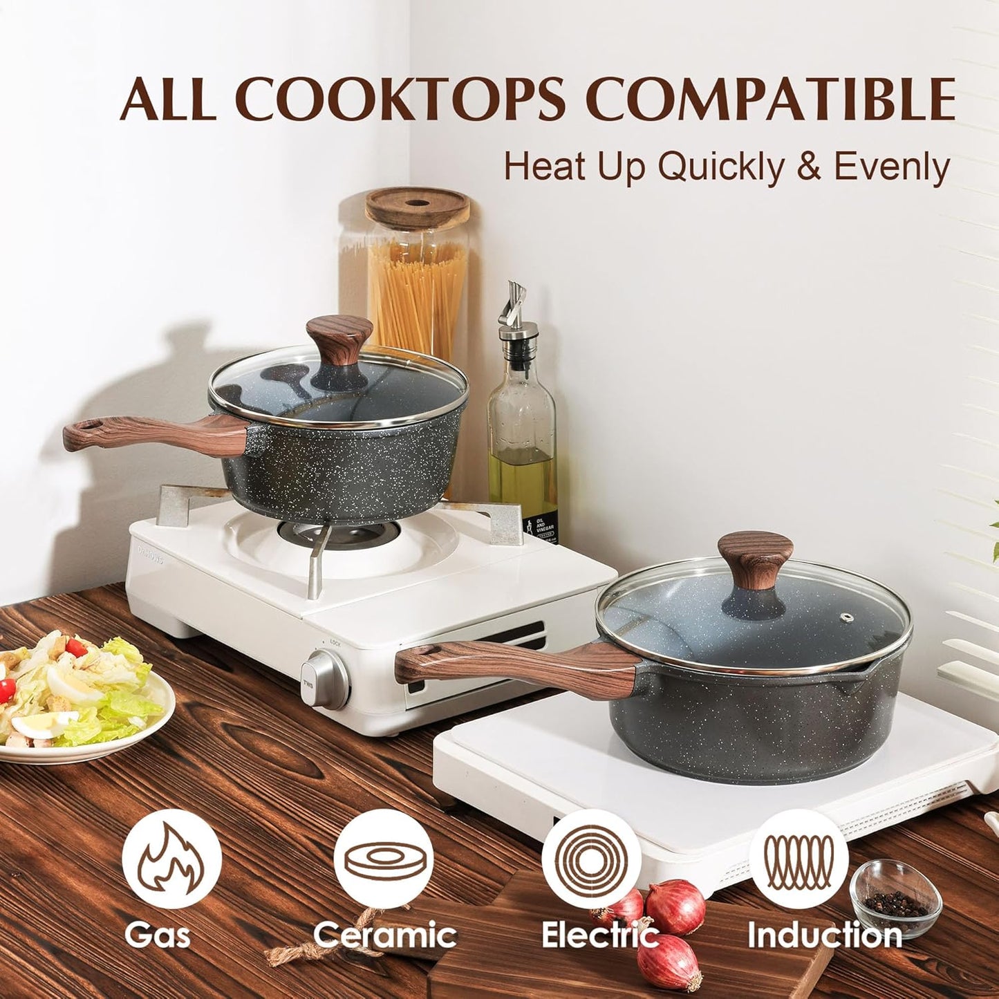 SENSARTE Nonstick Sauce Pan with Lid Saucepan Set, Swiss Granite Coating Sauce Pot Kitchen Cooking Pot Sets, Induction Comptable, Free of Intentionally Added PFOA, 1.5 + 2 QT