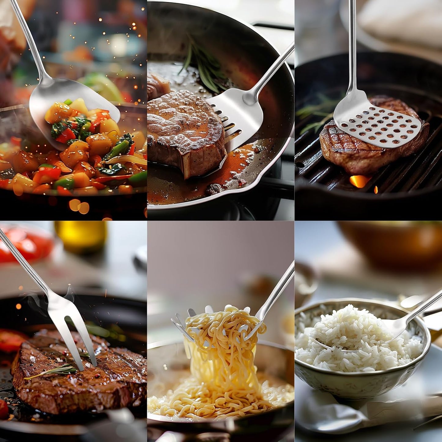 Stainless Steel Kitchen Utensils Set with Wood Handle, 18/10 Metal Cooking Utensils Set, 10-Piece - Spatula, Spoon, Ladle, Skimmer, Slotted Turners, Pasta Server, Fork, Masher(Dishwasher Safe)