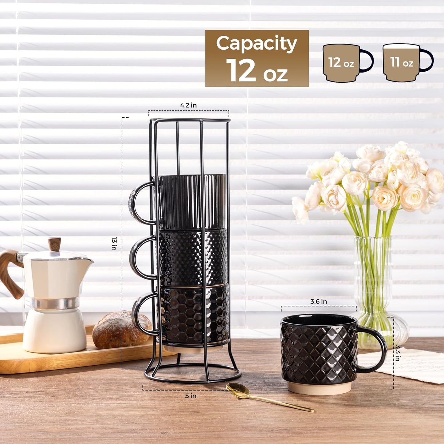 GBHOME 12OZ Stackable Coffee Mugs with Stand, Ceramic Coffee Mugs with Texture Patterns for Man,Woman,Dad,Mom, Modern Coffee Cups Set of 4 for Latte/Cappuccino/Cocoa. Dishwasher&Microwave Safe,Black