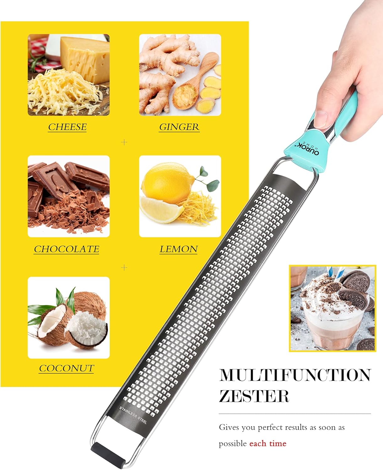 Ourokhome Kitchen Lemon Zester, Stainless Steel Hand Held Parmesan Cheese Grater for Ginger, Chocolate, Coconut, Lime, Nutmeg, Citrus, Fruit, Vegetable with Cleaning Brush, Dishwasher safe, Blue