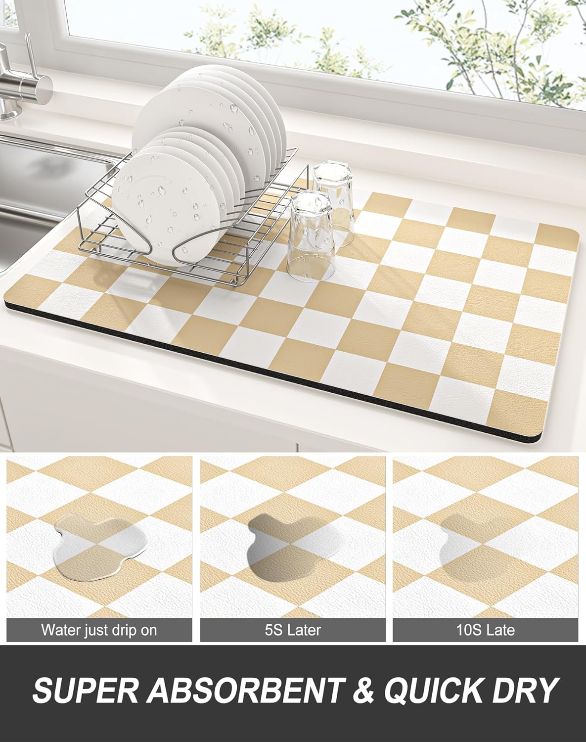 Rnivvi Dish Drying Mat for Kitchen Counter, XL 15 x 24" Cute Checkered Absorbent Draining Pad, Non-Slip Heat Resistant Coffee Bar Mat for Coffee Machine Station Accessories, Beige White Dish Rack Pad