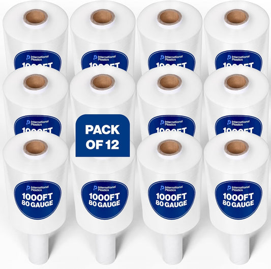 International Plastics Co. 12 Pack of 5" Plastic Stretch Film Wrap with Handles 1000 feet Each 500% Stretch Ability