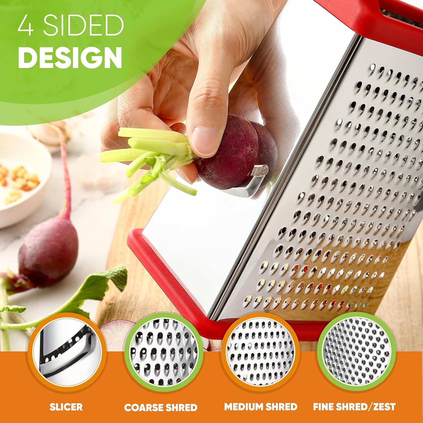 Spring Chef Professional Cheese Grater - Stainless Steel 4 Sided Box Grater for Kitchen, XL Size - Perfect Shredder for Parmesan Cheese, Carrot, Potato, Ginger - Dishwasher Safe - Red