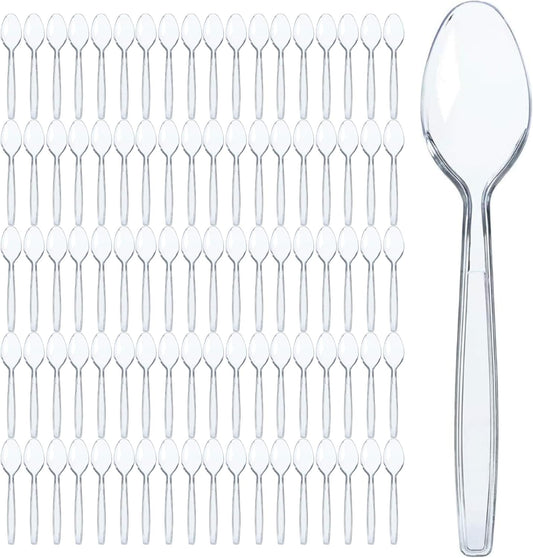 Prestee 300 Clear Plastic Spoons Bulk - Durable Disposable Plastic Silverware Spoons - Heat-Resistant Spoon Cutlery - Heavy Duty Flatware Pack - Disposable Silverware Utensil Set for Hot and Cold Food