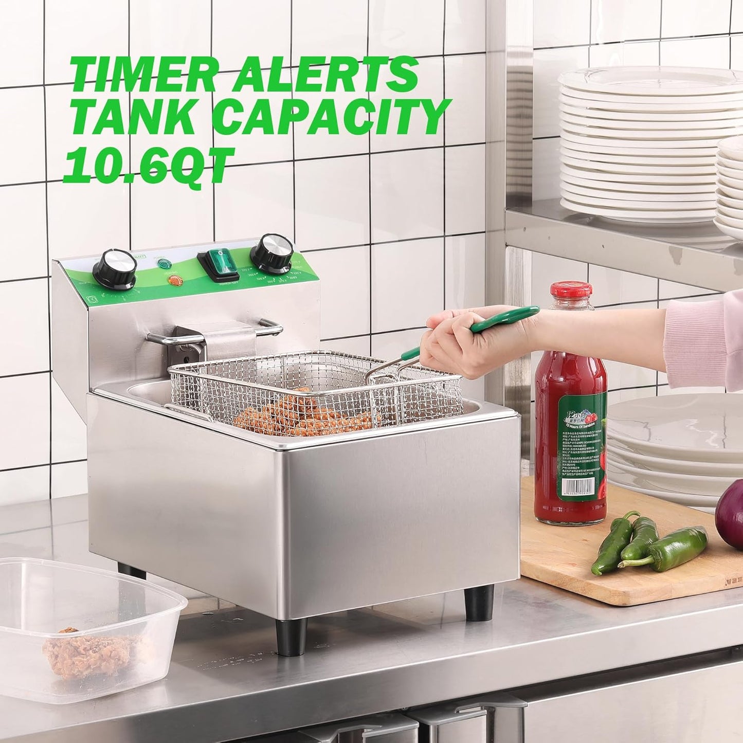 Electric Deep Fryer with Timer 10L/10.6QT Commercial Deep Fryer with Basket and Lid, Temp Control, 1700W/110V Stainless Steel Single Oil Fryer Countertop Fryer for Home and Restaurant Use