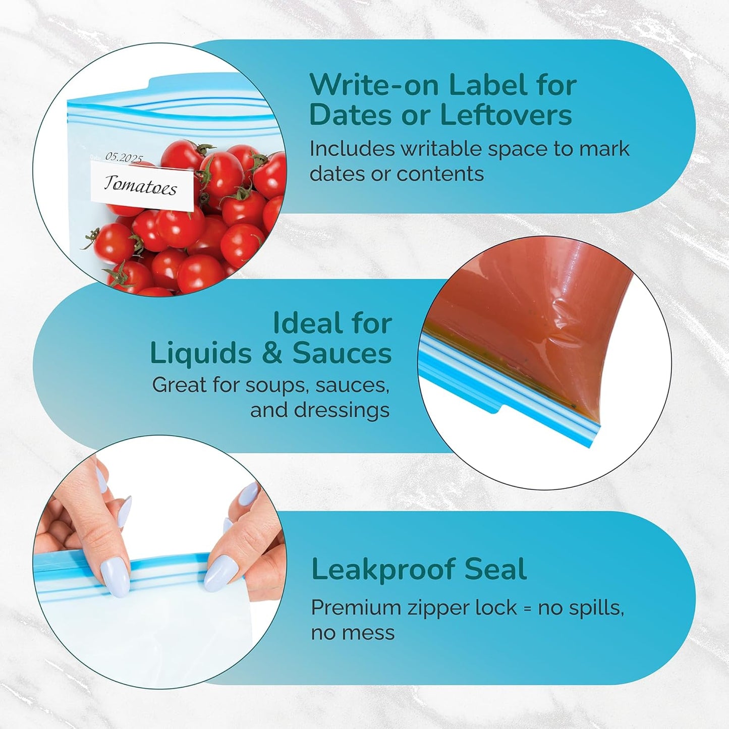 J&&J Fresh Storage Quart Freezer Bags, 50 Pack — Reusable, BPA-Free, Leakproof — Expandable Bottom, Microwave-Safe, Strong Zipper Seal — Quart Bags for Meal Prep & Freezer Storage — Durable & Washable