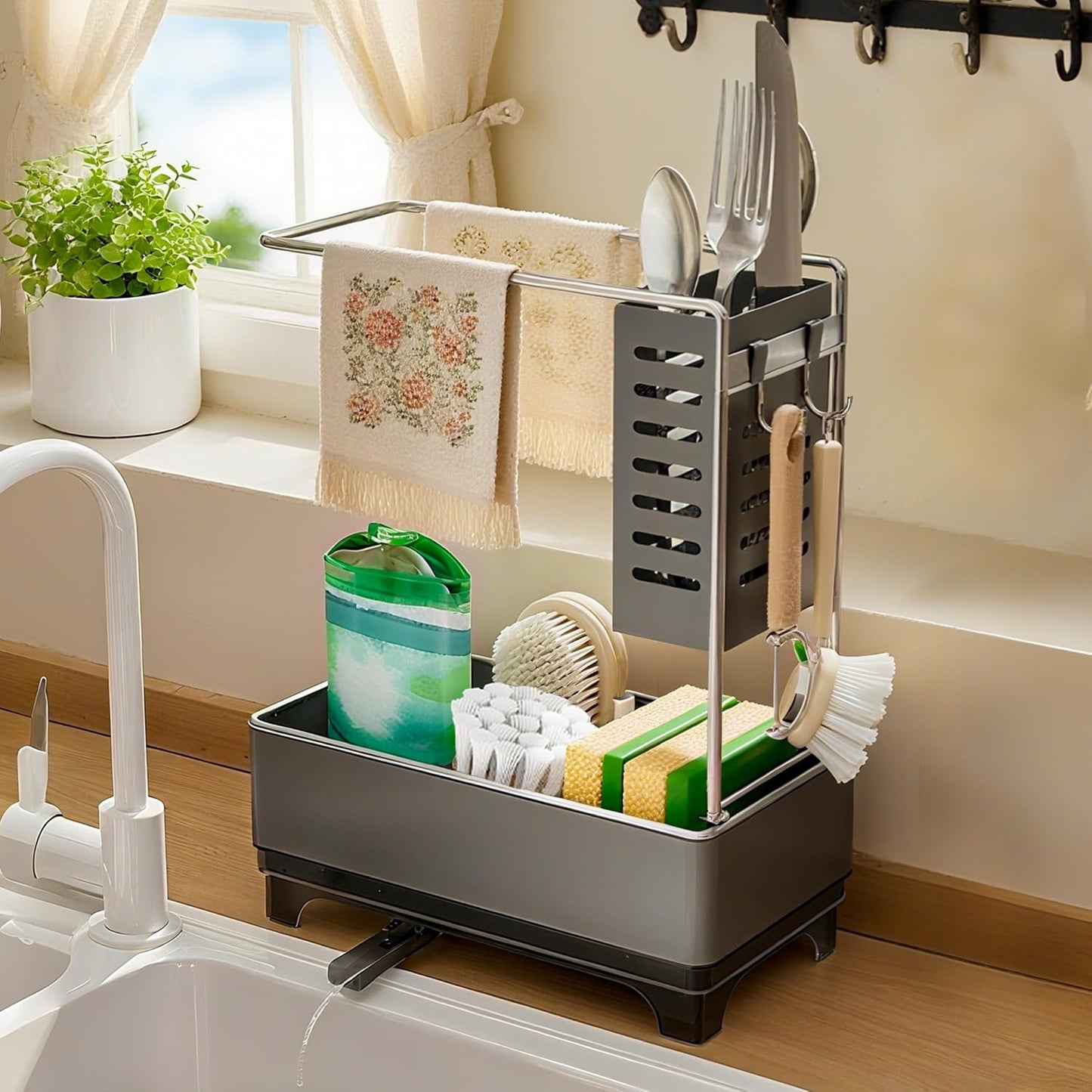 MOUKABAL Sponge Holder for Kitchen Sink, 2-Tier Sink Caddy Organizer with Drain Holes and Hooks, Holds Dishcloth, Sponge & Brushes, Kitchen Countertop Storage for New Home Essentials Grey