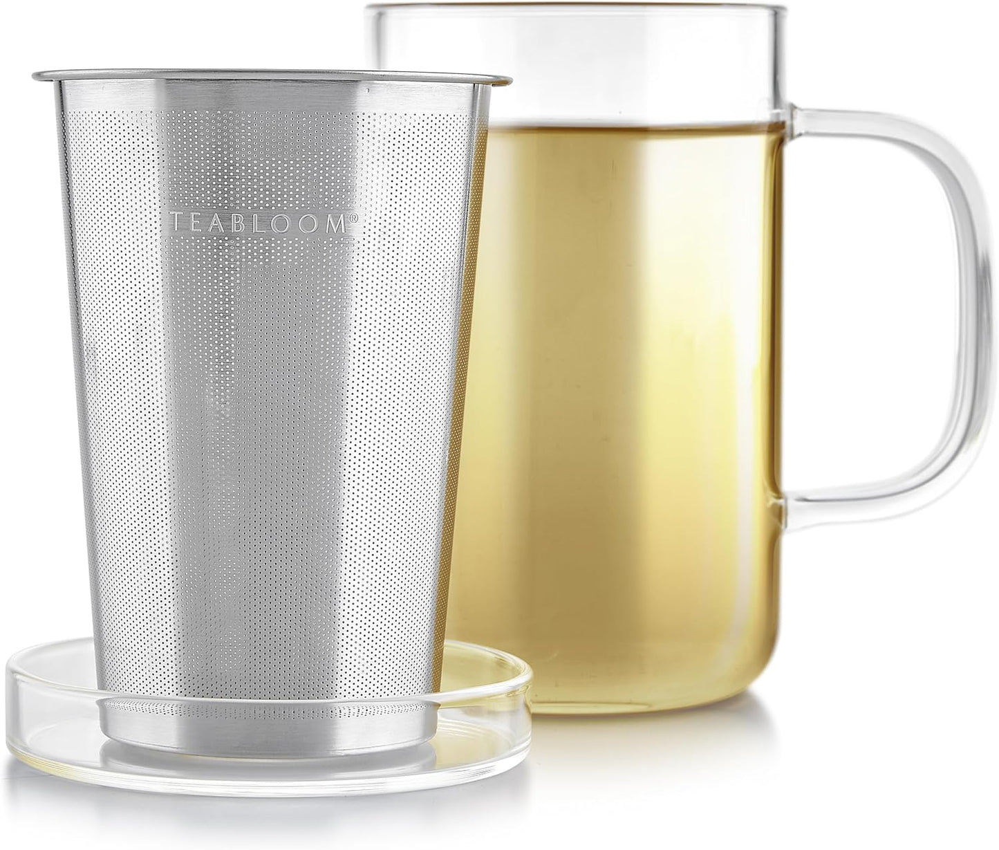 Teabloom Premium Borosilicate Glass Mug with Stainless Steel Loose Leaf Tea Infuser and Lid/Dish - 12 Ounces (350 mL)