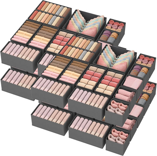 Lifewit Drawer Organizer Clothes for Closet 48 Pack, 3 Sizes Underwear Wardrobe Drawer Dividers, Fabric Foldable Dresser Storage Organizer Bins for Sock/Bra/Lingerie/Undies, Gray