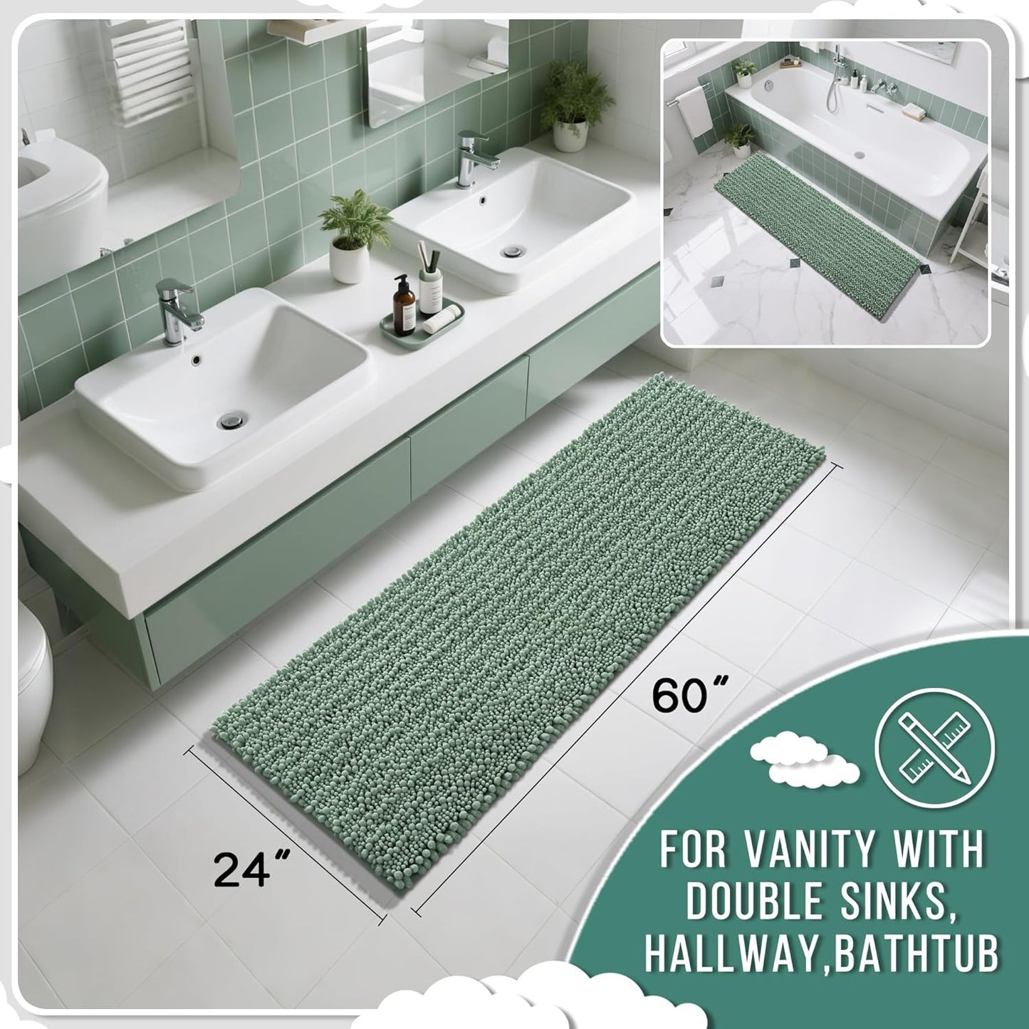 Yimobra Bathroom Runner Rug 60x24 Inch - Extra Long Non Slip Chenille Bath Mat, Soft & Absorbent, Machine Washable Shaggy Hallway Carpet for Vanity Tub Shower, Green Home Decor Accessories
