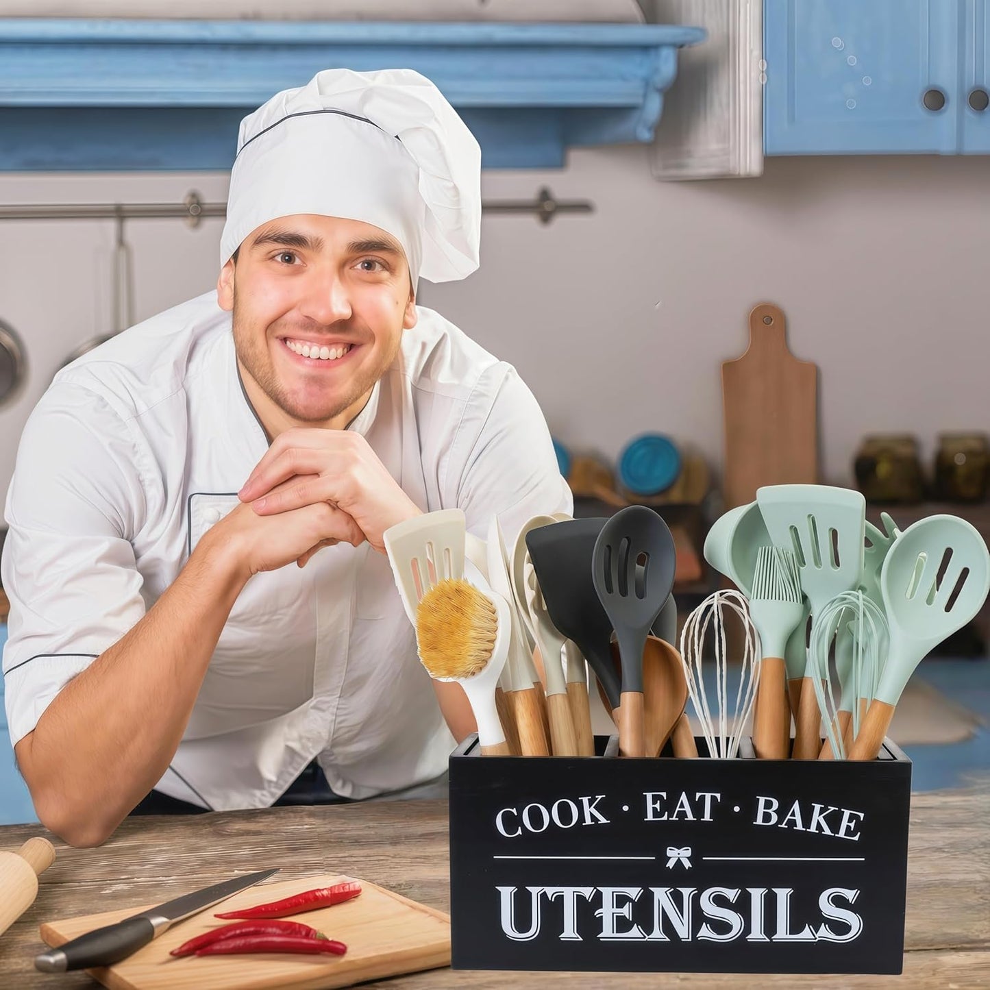 Utensil Holder,Large Wooden Utensil Holder For Kitchen Counter,Cooking Spatula Organizer,Big Storage Caddy With 3 Compartments Flatware Spoon Tool Cutlery（Black）