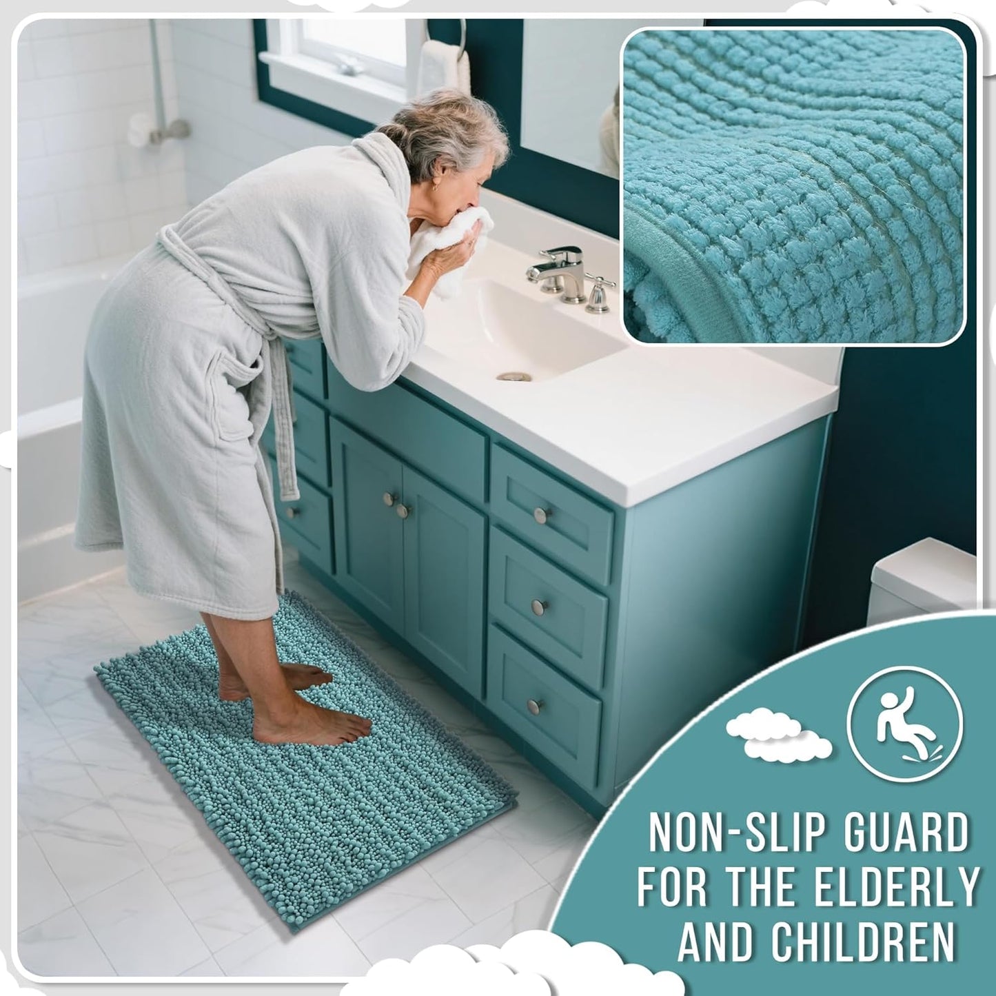 Yimobra Bathroom Rugs Non Slip Washable 32x20 Inch - Ultra Soft Absorbent Chenille Bath Mat, Quick Dry Shaggy Floor Carpet for Tub Shower, Teal Blue Home Decor Accessories