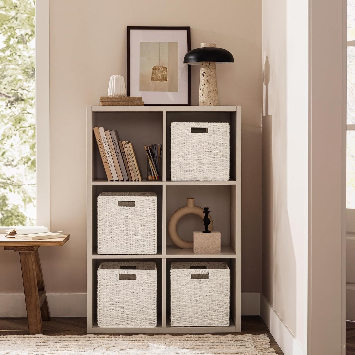 UBBCARE 3 Pack Wicker Basket, 11L×11H×10.5W inch Woven Paper Rope Storage Baskets for shelves, Foldable Cube Storage bin with Handle, Storage Basket for Organizing & Decor, White