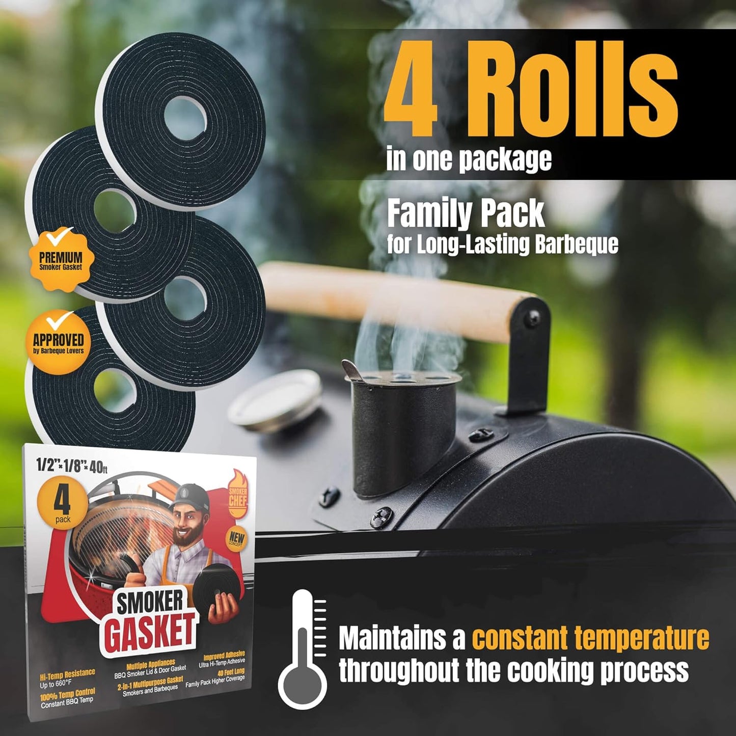 XXL 40 FT Grill Gasket for Smokers - Black 1/2’’ x 1/8’’ Hi Temp Seal Smoker Gasket – 4-Pack x 10 FT Self Stick Black Nomex Fire Tape BBQ Lid – Bbq Grill Smoker Accessories Gifts for Men