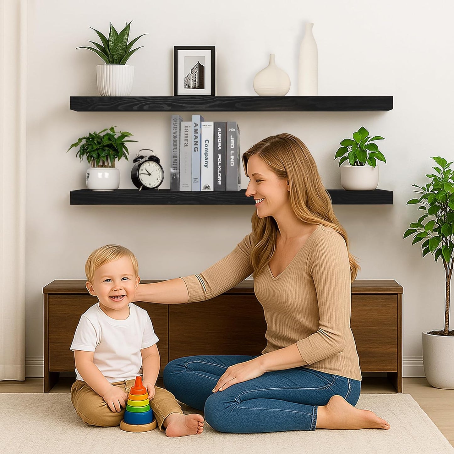 60 inch Black Floating Shelves for Wall 8 -inch deep Set of 2, Heavy Duty Solid Wood Wall Mounted Shelves for Living Room Kitchen with Thickened Hidden Bracket