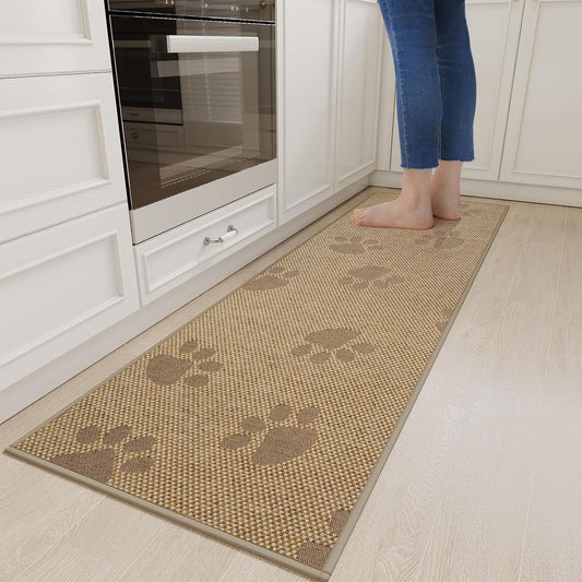 Non-Slip Kitchen Mats for Floor, Soft Woven Linen Embroidery Kitchen Runner Rug - Super Absorbent Washable Kitchen Sink Mat with Rubber Backing for Office & Home Brown 17x59