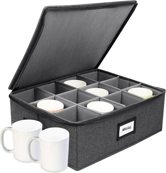 HOMELUX THEORY Mug Storage Box with Dividers Hard Shell China Storage Containers, Heavy Duty Coffee Cup Storage Box and Moving Boxes for Glassware Storage with Lid, Thick Surface, and Sturdy Handle