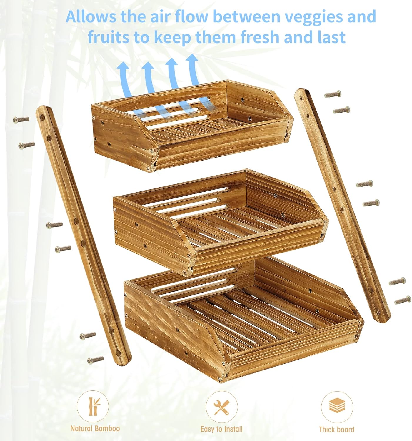 G.a HOMEFAVOR Wooden 3 Tier Fruit Basket, Brown, Pine Wood, Sturdy, Self-assembly