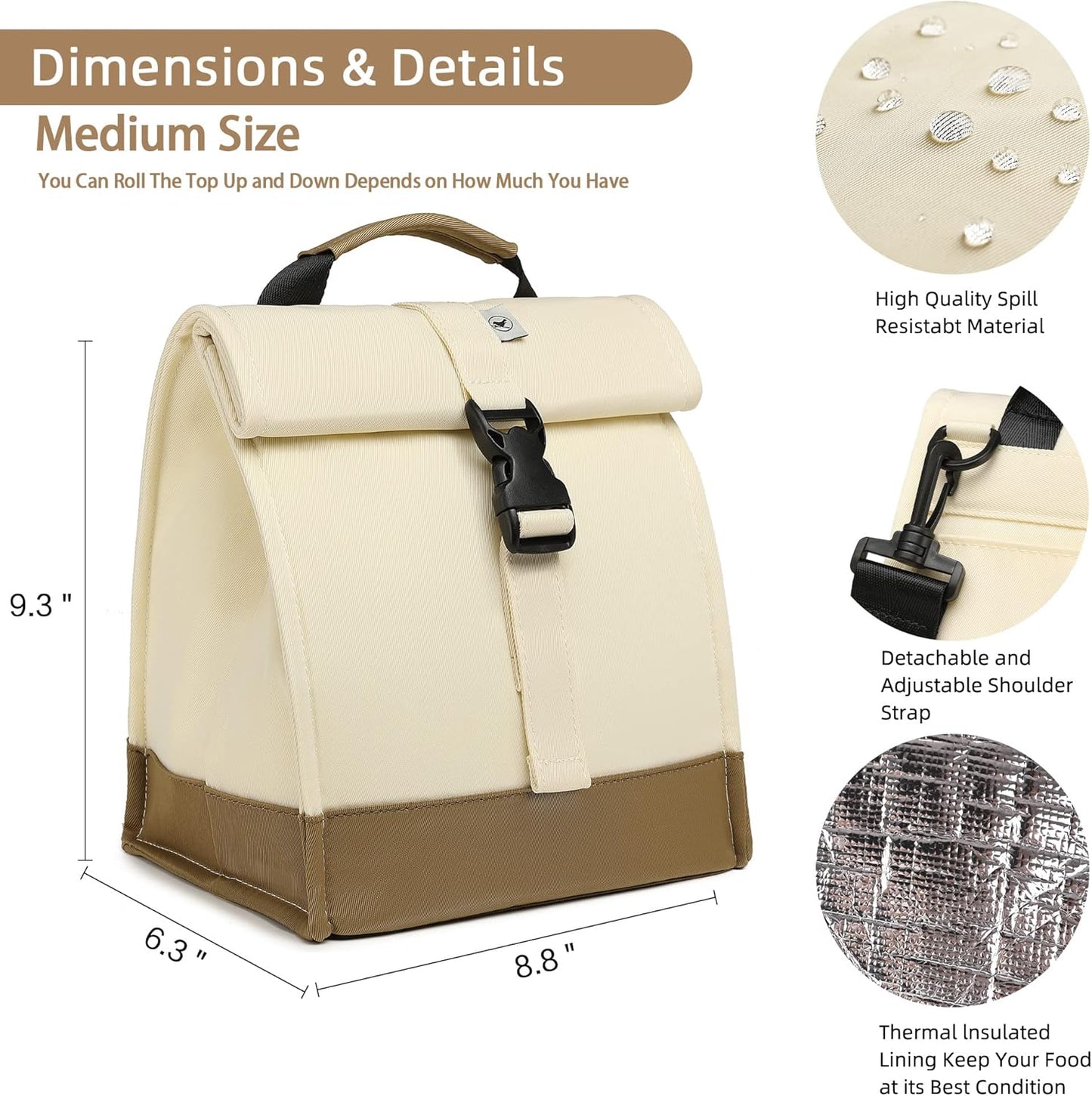 SUNNY BIRD Insulated Lunch Bag Rolltop Lunch Box Medium Lunch Cooler Tote for Women, Girls, Teens and Adults (White)