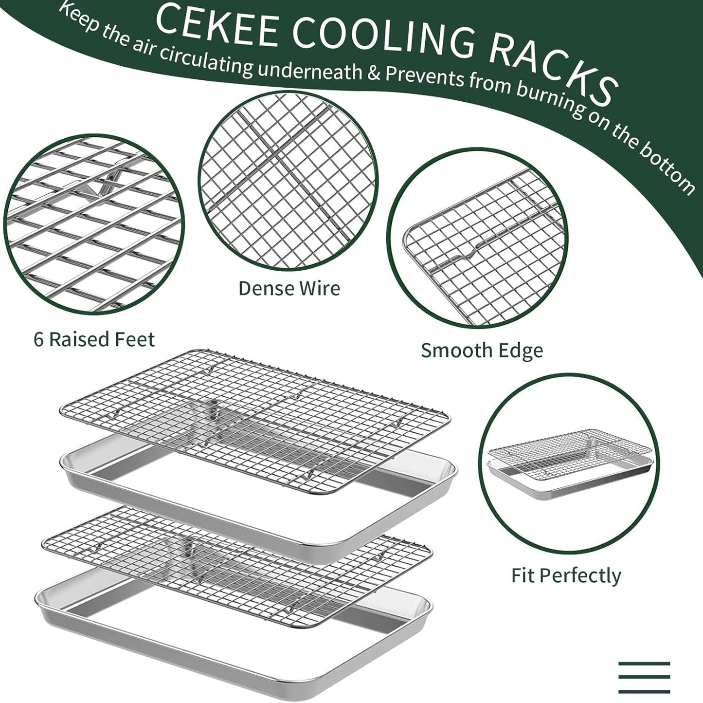 Half Sheet Pans with Rack Set [2 Pans + 2 Racks], CEKEE Stainless Half Size Large Baking Sheets with Rack -18 Inch Baking Tray Set- Rust & Warp Resistant & Heavy Duty Large Cookie Sheet