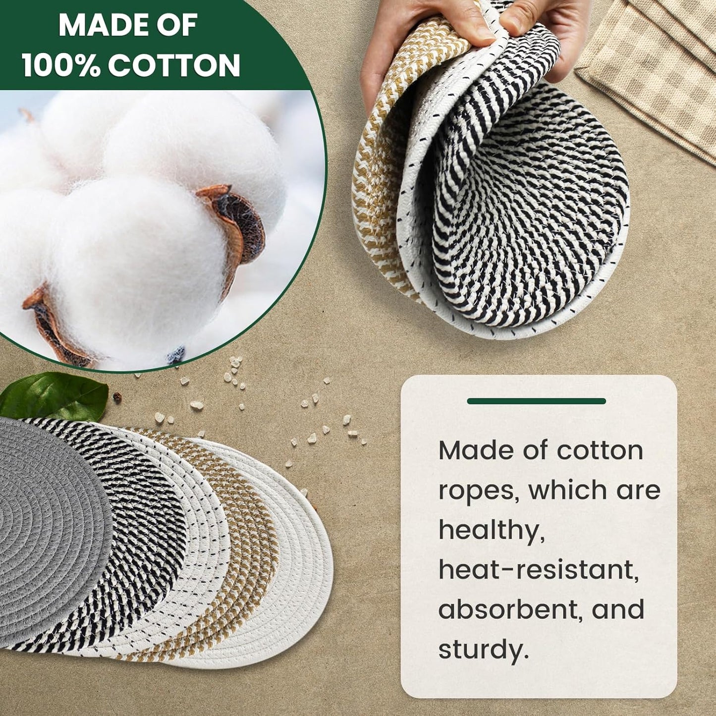 RIOOP 10 Inches Trivets for Hot Dishes, Pots and Pans with Storage Basket, 5 Heat Resistant Large Coaster for Kitchen, Hot Pads Mats for Countertops Table Kitchen Essentials Farmhouse Halloween Decor