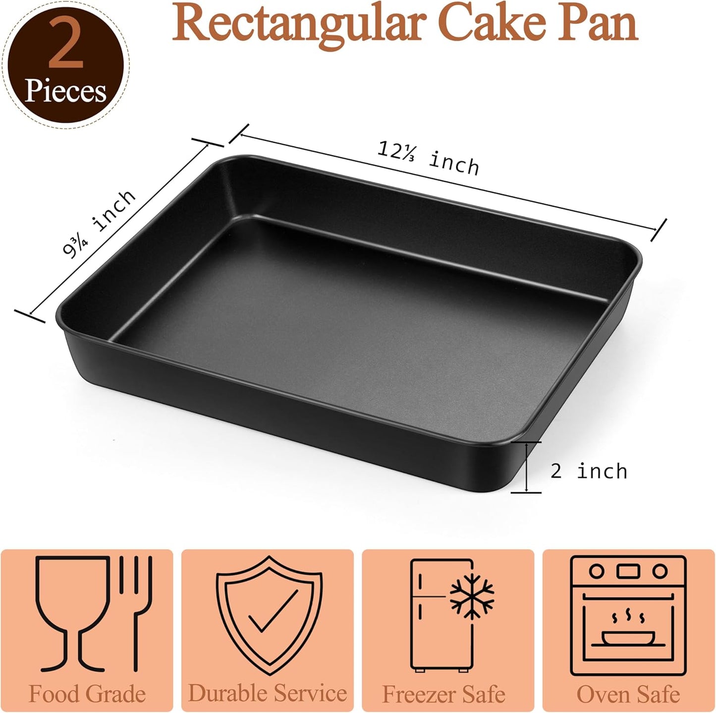 LIANYU 12⅓ x 9¾ x 2 Inch Cake Pan Set of 2, Rectangle Non-stick Baking Pan, Stainless Steel Bakeware for Lasagna Brownies Casseroles, Healthy & Easy Release