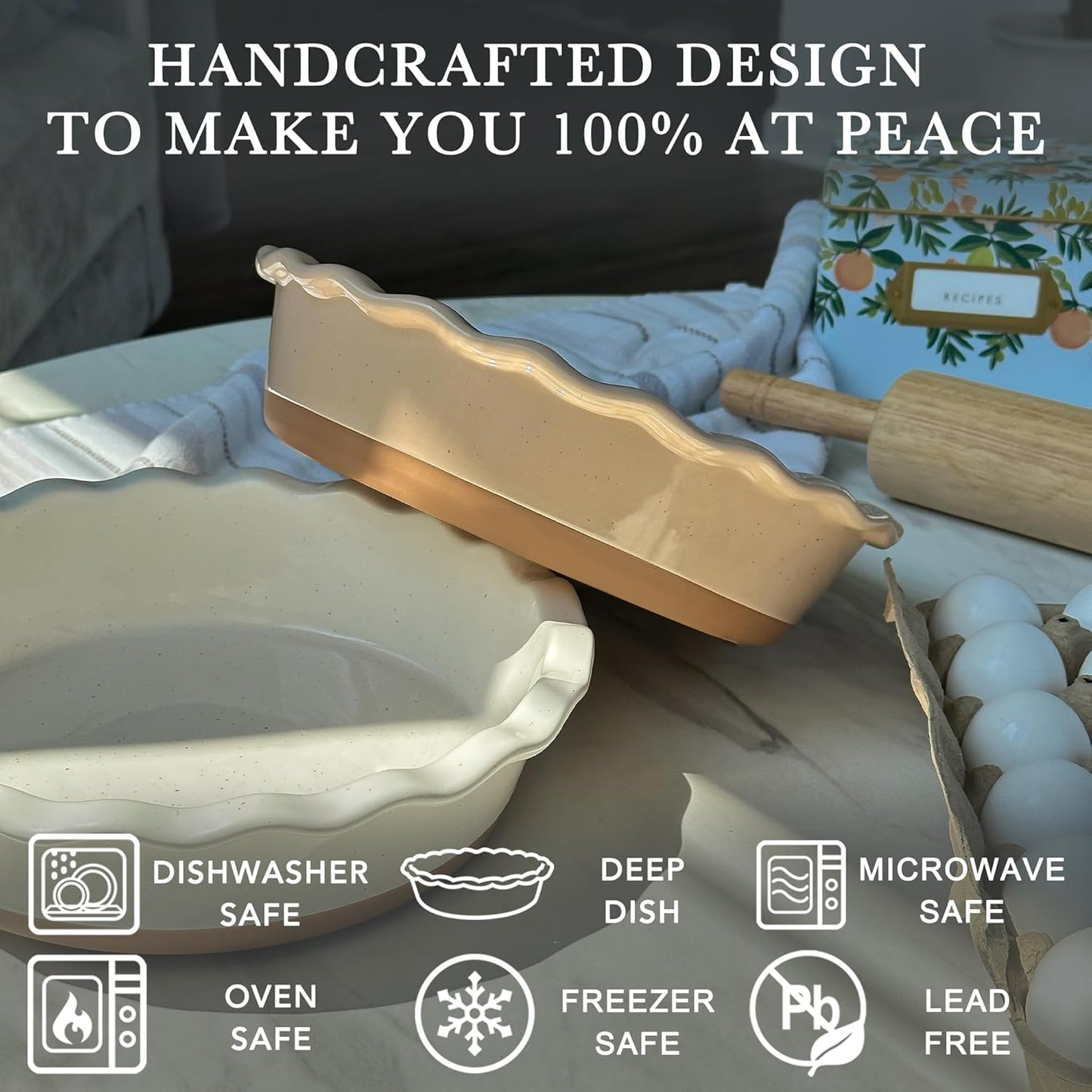 Mora Modern Farmhouse Style Ceramic Pie Pan - Deep and Fluted Dish - 9 Inch - Baking Pies: Apple, Quiche, Pot Pies, Tart