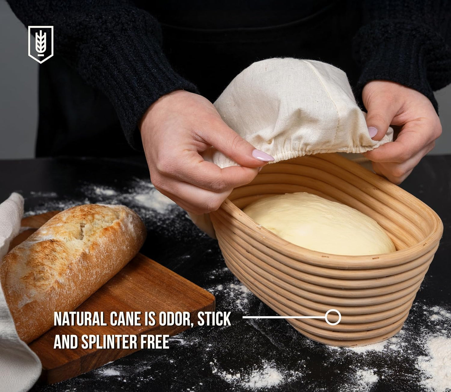 Kook Banneton Bread Proofing Baskets, Artisan Sourdough Bread Making Baskets, 9.8 Inch Handwoven Rattan Baskets and Cloth Liners, Set of 2, Oval