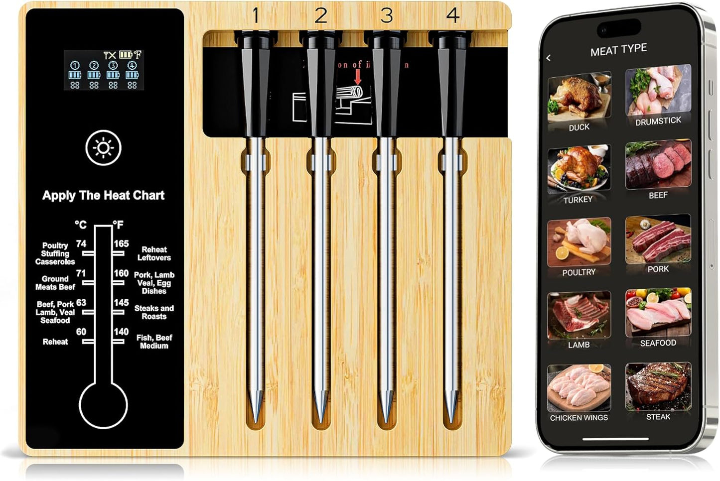Smart Wireless Meat Thermometer 4 Probes, Bluetooth Food Thermometer, Remote Tracking and Real-Time Readings from Apps, for iOS and Android, for BBQ, Grill, Smoker
