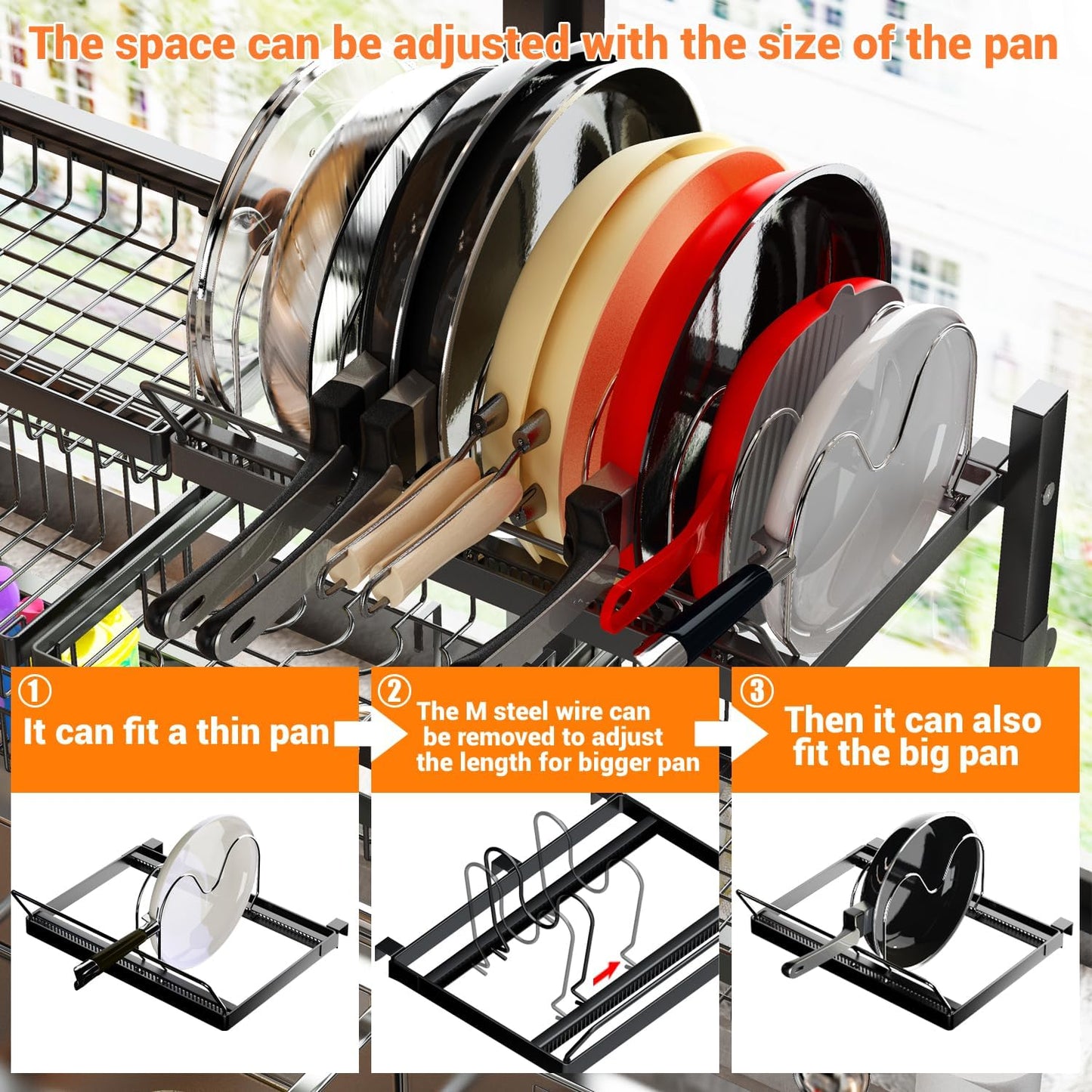 Over Sink Dish Drying Rack (Expandable Height/Length) (31-39.5L x 12W x 34-38H inches) Snap-On Design Large Dish Drainer Storage Counter Organizer