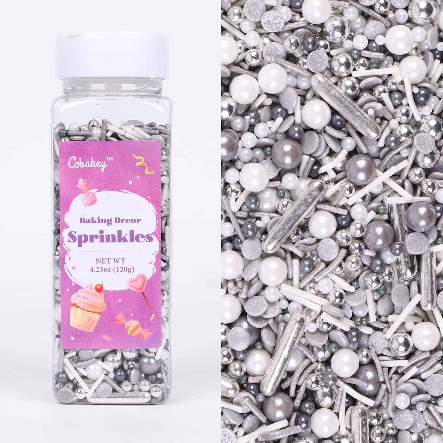 Gray & Sliver Sprinkles for Cake Decorating 4.23ounce - Sugar Mix Contains Metallic & Pearl Sprinkles for Cupcake Toppers, Ice Cream, Candy, Cookie Decorations - Holiday Party Supplies