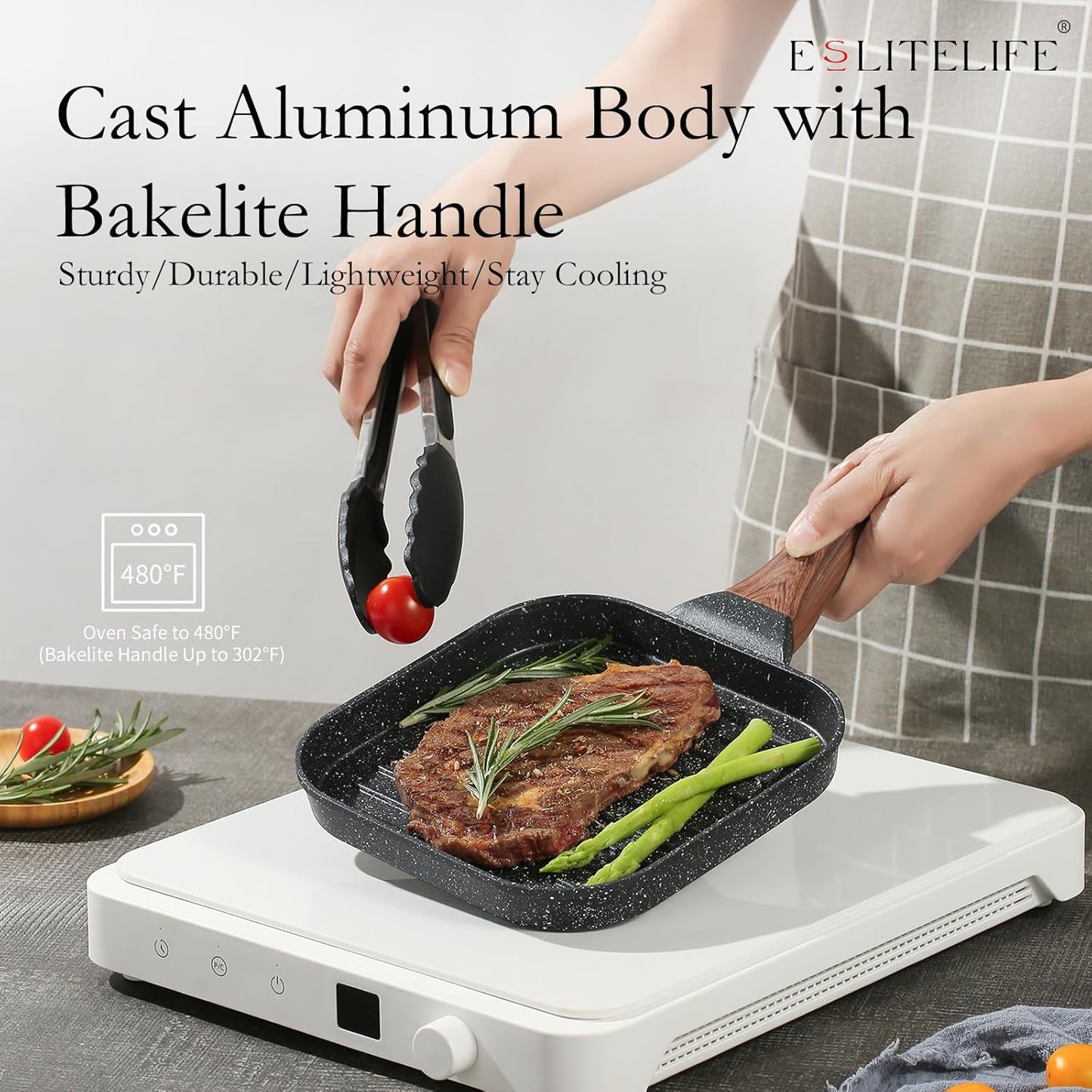 ESLITE LIFE 7 Inch Nonstick Small Grill Pan for Indoor Cooking, Versatile Induction Square Grilling Skillet Steak Pan for Stove Tops, PTFE & PFOA Free, Black