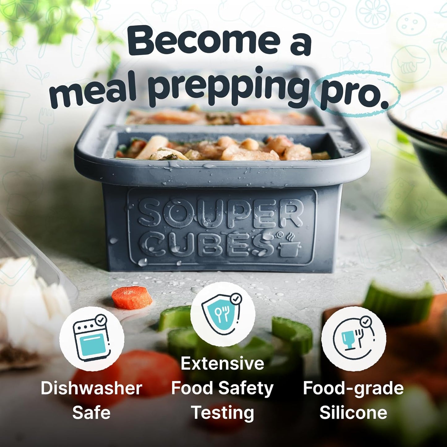 Souper Cubes 1 Cup Silicone Freezer Tray with Lids, Perfect for Storing Broth, Leftovers, Rice, Sauce and More, Silicone Soup Freezer Molds for Meal Prepping - Charcoal - 2-Pack