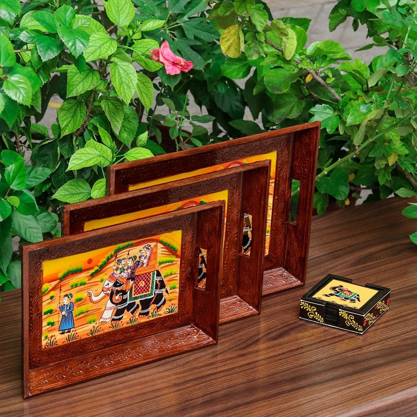 Swadeshi Blessings Wooden Serving Tray Set- Handcrafted & Hand-Painted for Kitchen/Table & Home Decor/Dinning/Gifts/Restaurants/Living Room/Coffee Table (Set of 3 Trays) (Brown)