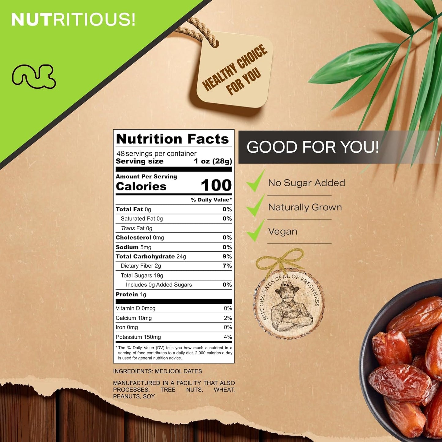 NUT CRAVINGS - Sun Dried Jumbo Medjool Dates, No Sugar Added (48oz, 3 LB) Bulk Dry Fruits Packed Fresh in Resealable Bag - Sweet Healthy Snack, Naturally Grown, Vegan, Kosher