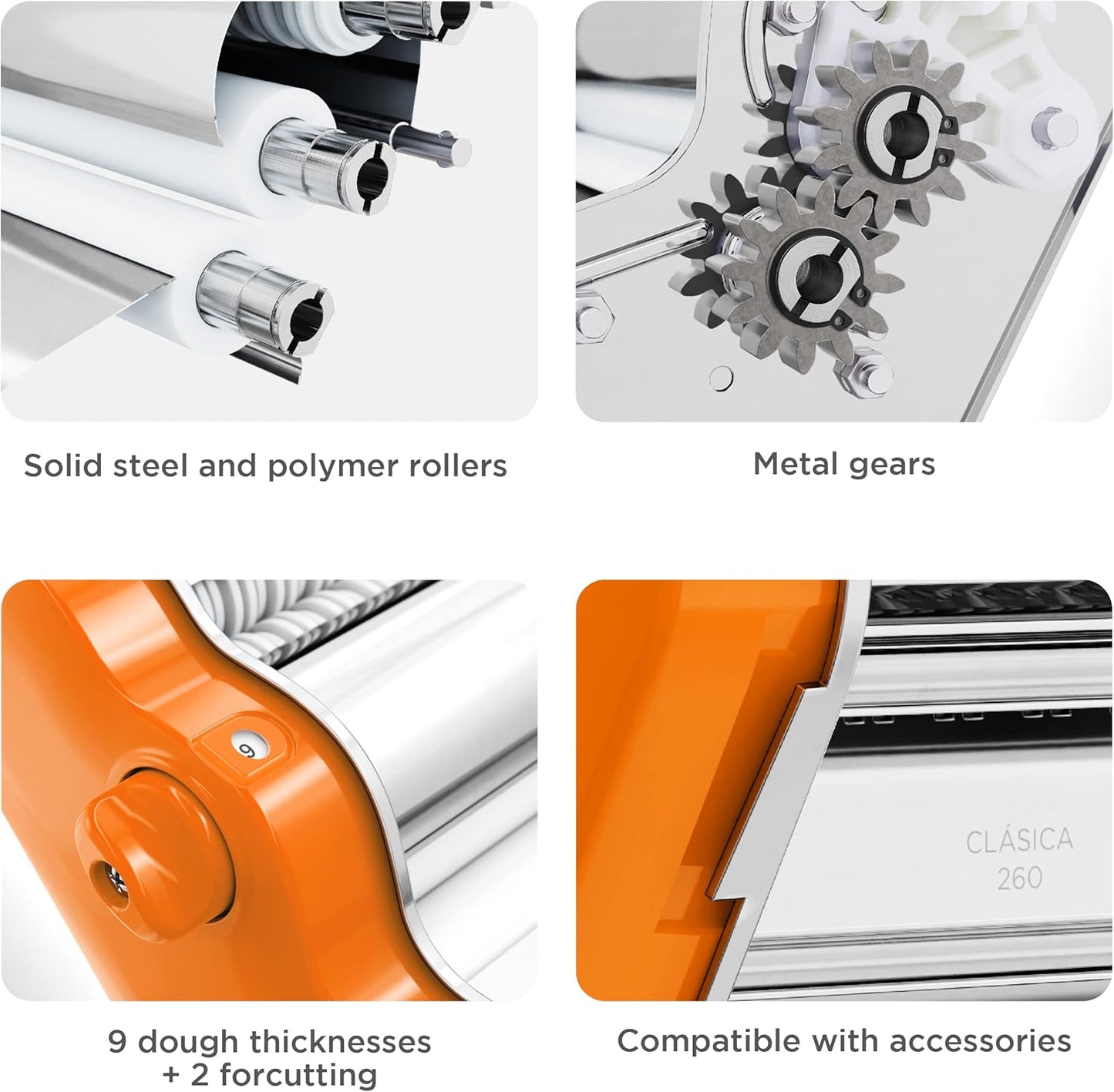 PASTALINDA Classic 260 Pasta Maker Machine, 26 cm Wide Rollers, 9 Thickness Positions, 2 Cutting Positions, Stainless Steel. Includes Reinforced Hand Crank And Two Clamps (Orange)