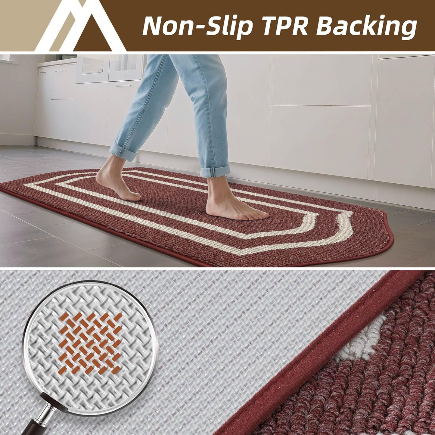 COSY HOMEER Long Kitchen Floor Mats for in Front of Sink Super Absorbent Kitchen Rugs and Mats 24"x48"+24"x59"Non-Skid Kitchen Mat Standing Mat Washable,Polypropylene,Red,Frame