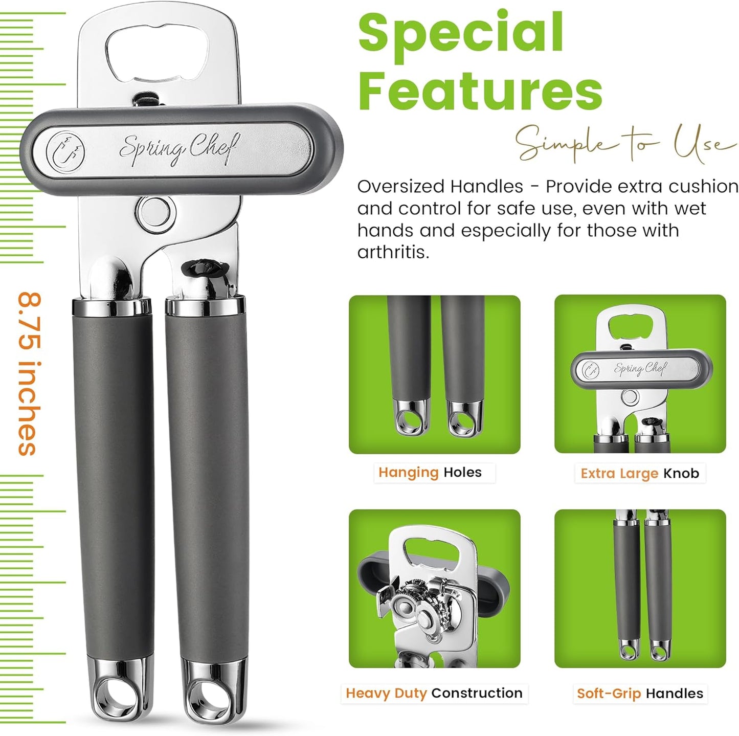 Spring Chef Stainless Steel Can Opener - Manual with Soft Grip Handles, Easy Turn, Heavy Duty Hand Can Openers for Seniors with Smooth Edge - Magnetic Lid Remover - Gray