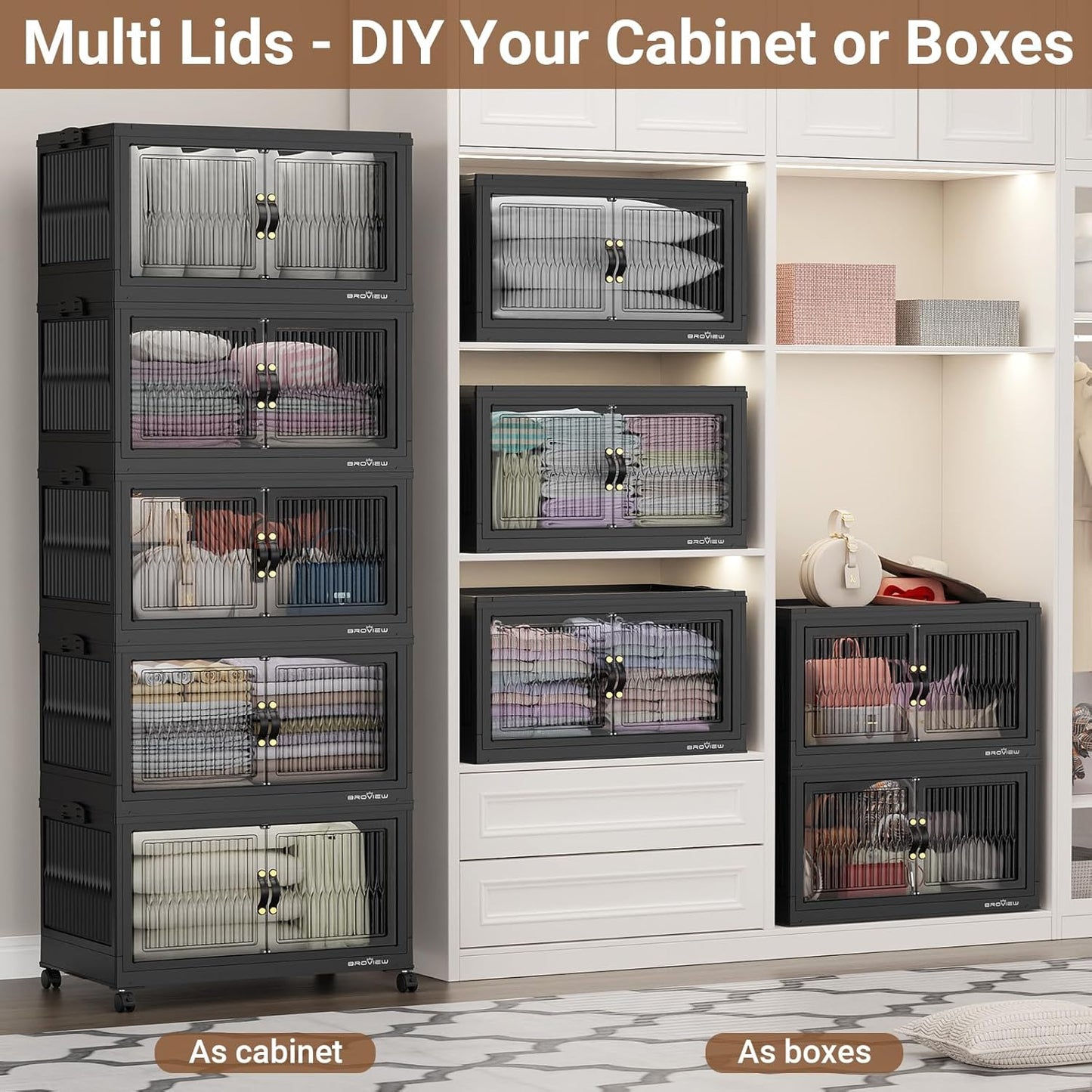 600Qt Stackable Storage Bins with 5 Lids, Extra Large Closet Organizer Collapsible Drawer Boxes with Wheels, Folding Plastic Cabinet Containers for Home Kitchen Room Organization, 5Pack Black